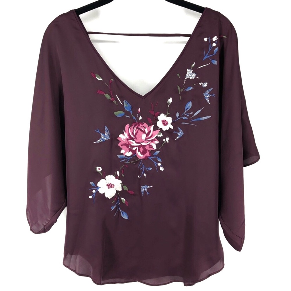 WHBM Burgundy Floral Embroidered  Satin Kimono Top Blouse Size Small